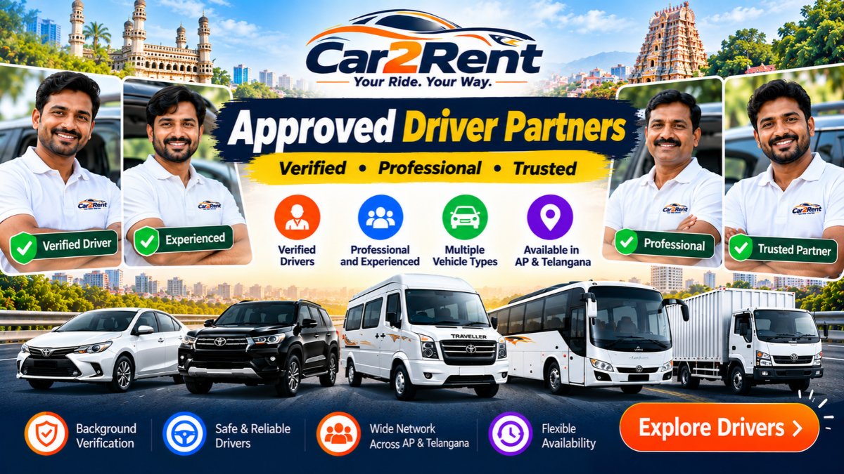 Approved professional driver partners on Car2Rent across Andhra Pradesh and Telangana.