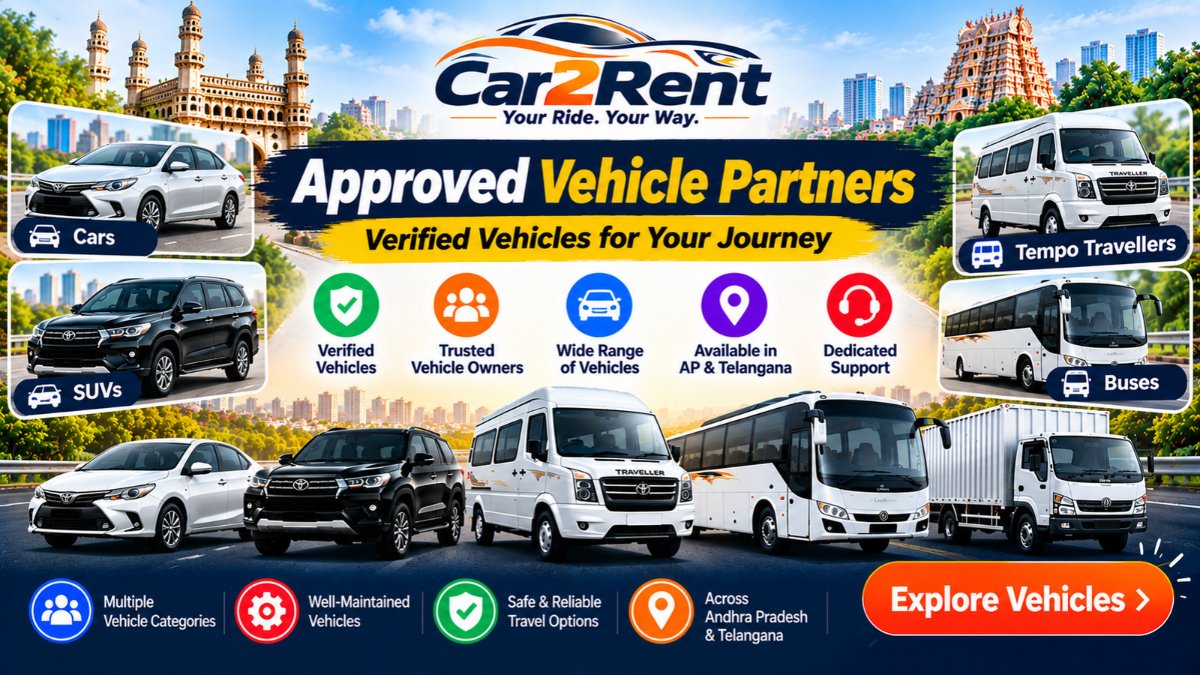 Approved vehicle partners on Car2Rent featuring cars, SUVs, tempo travellers and buses