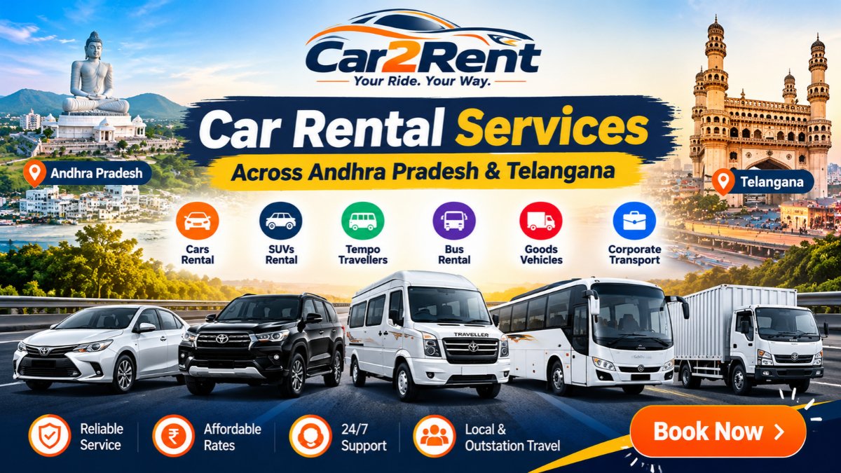 Car2Rent vehicle rental services in Andhra Pradesh and Telangana featuring cars, SUVs, tempo travellers, buses and goods vehicles