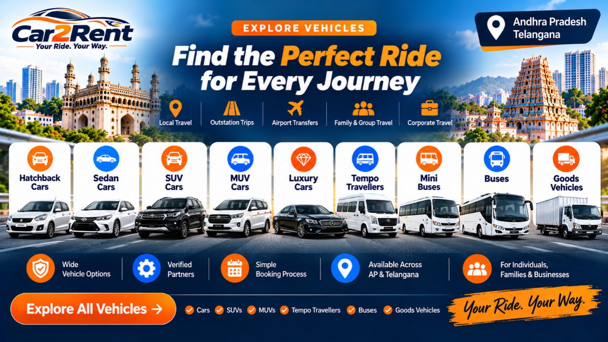 Explore Car2Rent rental vehicles including hatchback cars, sedans, SUVs, luxury cars, tempo travellers and buses in Andhra Pradesh and Telangana