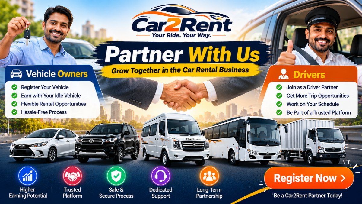 Car2Rent Partner With Us banner featuring vehicle owners, drivers and rental vehicles.