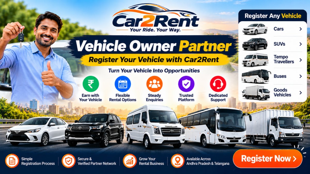 Vehicle owner partner registration with Car2Rent for cars, SUVs, tempo travellers and buses