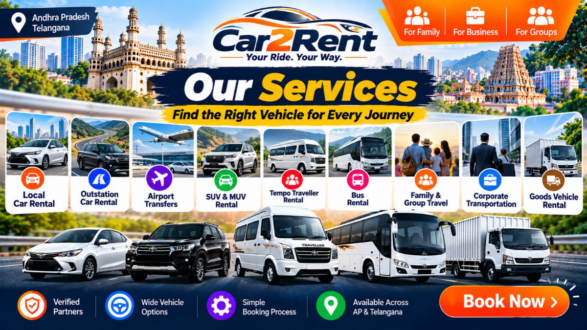 Car2Rent vehicle rental services featuring cars, SUVs, airport transfers, tempo travellers, buses and goods vehicles in Andhra Pradesh and Telangana